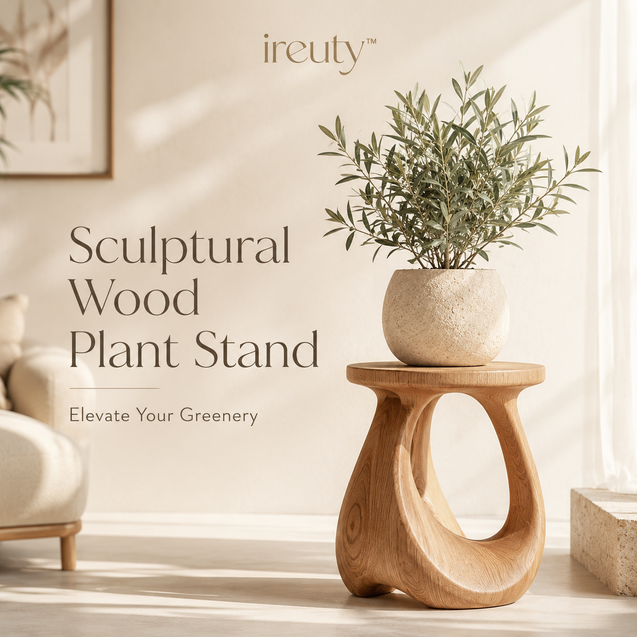 𝒊𝒓𝒆𝒖𝒕𝒚™ sculptural natural wood plant stand with indoor greenery