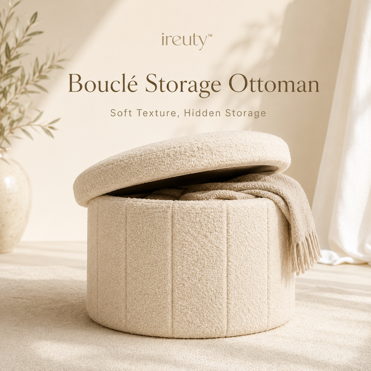 𝒊𝒓𝒆𝒖𝒕𝒚™ soft neutral bouclé storage ottoman with open lid