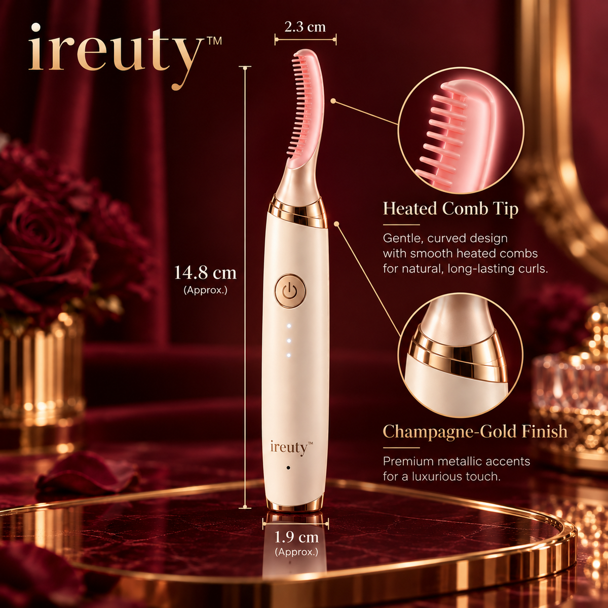 ireuty LashCouture heated eyelash curler size and detail guide
