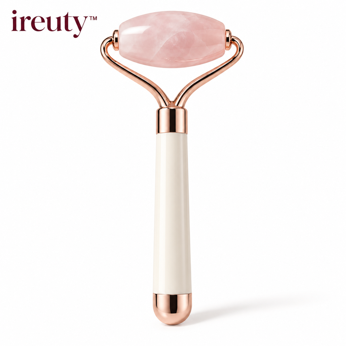 ireuty RoseVault rose quartz facial roller on white background