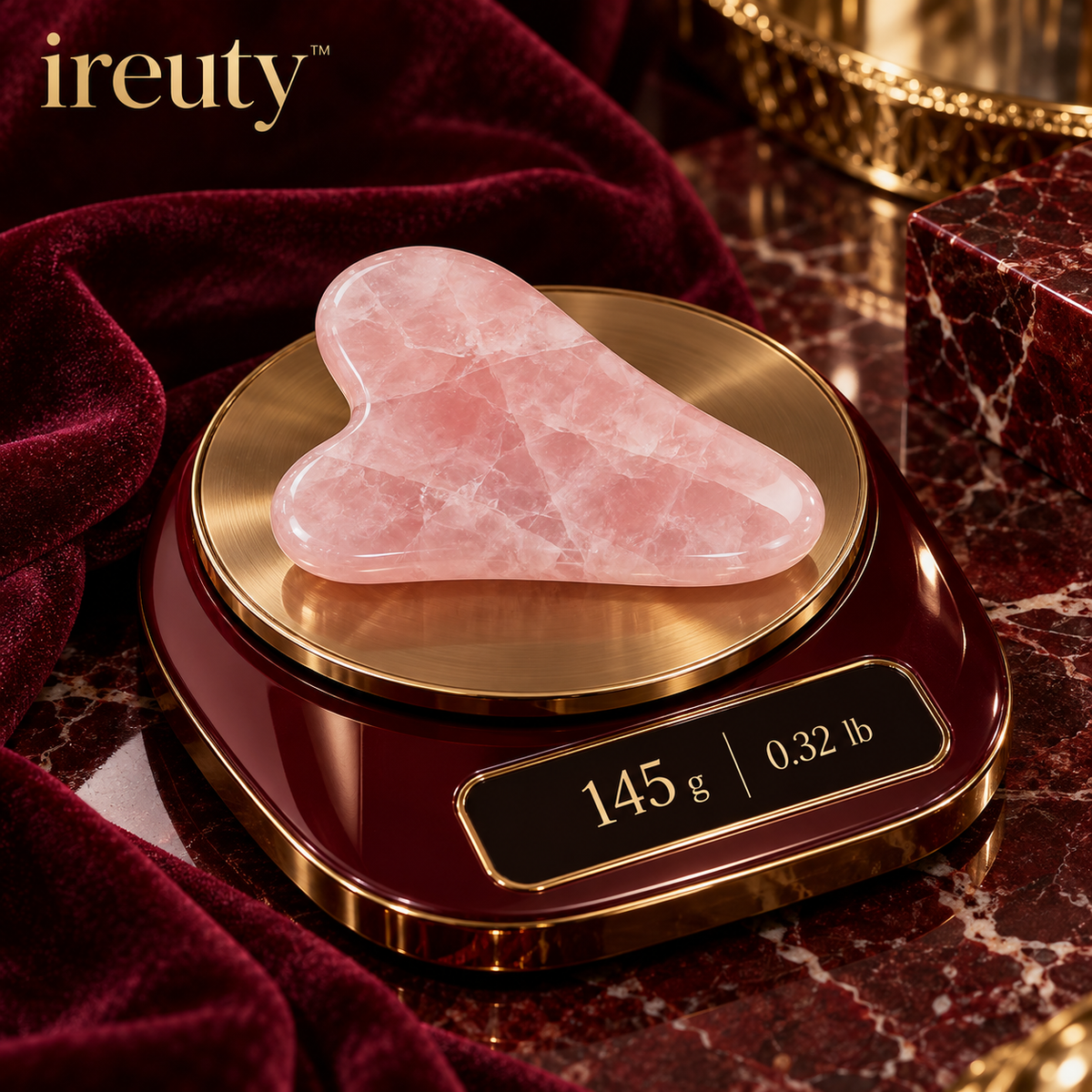 ireuty RougeMuse rose quartz gua sha on scale