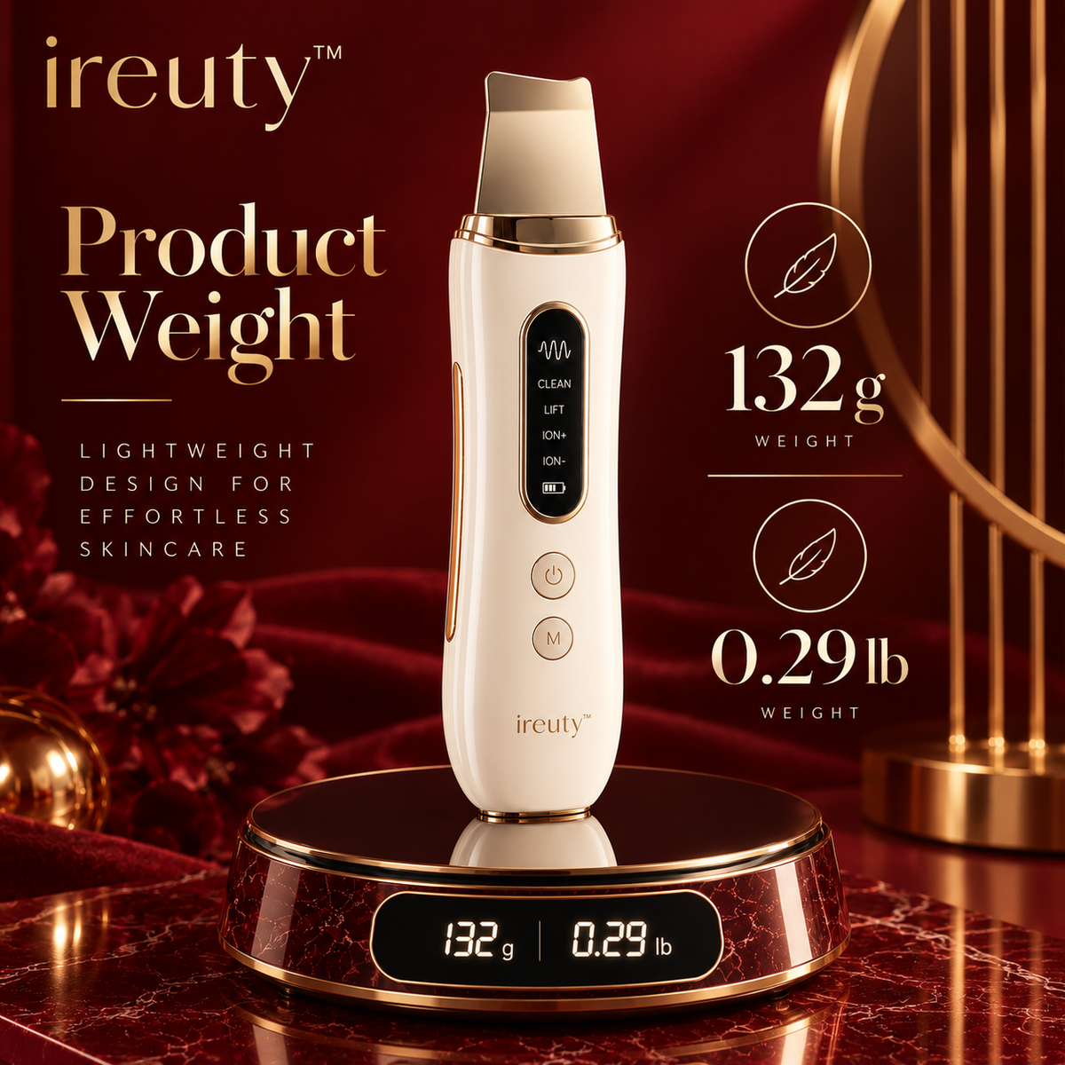 ireuty SonicGlow ultrasonic skin scrubber approximate weight 132 grams